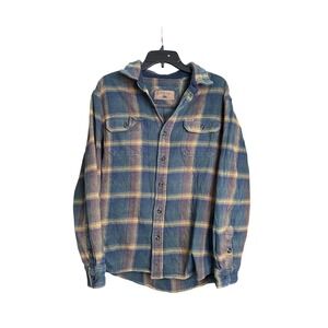 Orvis Plaid Flannel Shirt Jacket L G Blue Green Yellow Warm Outdoor